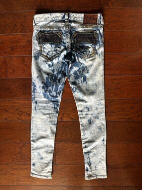 Affliction Women's Skinny Moto Jeans Bleach-Splatter Blue and White